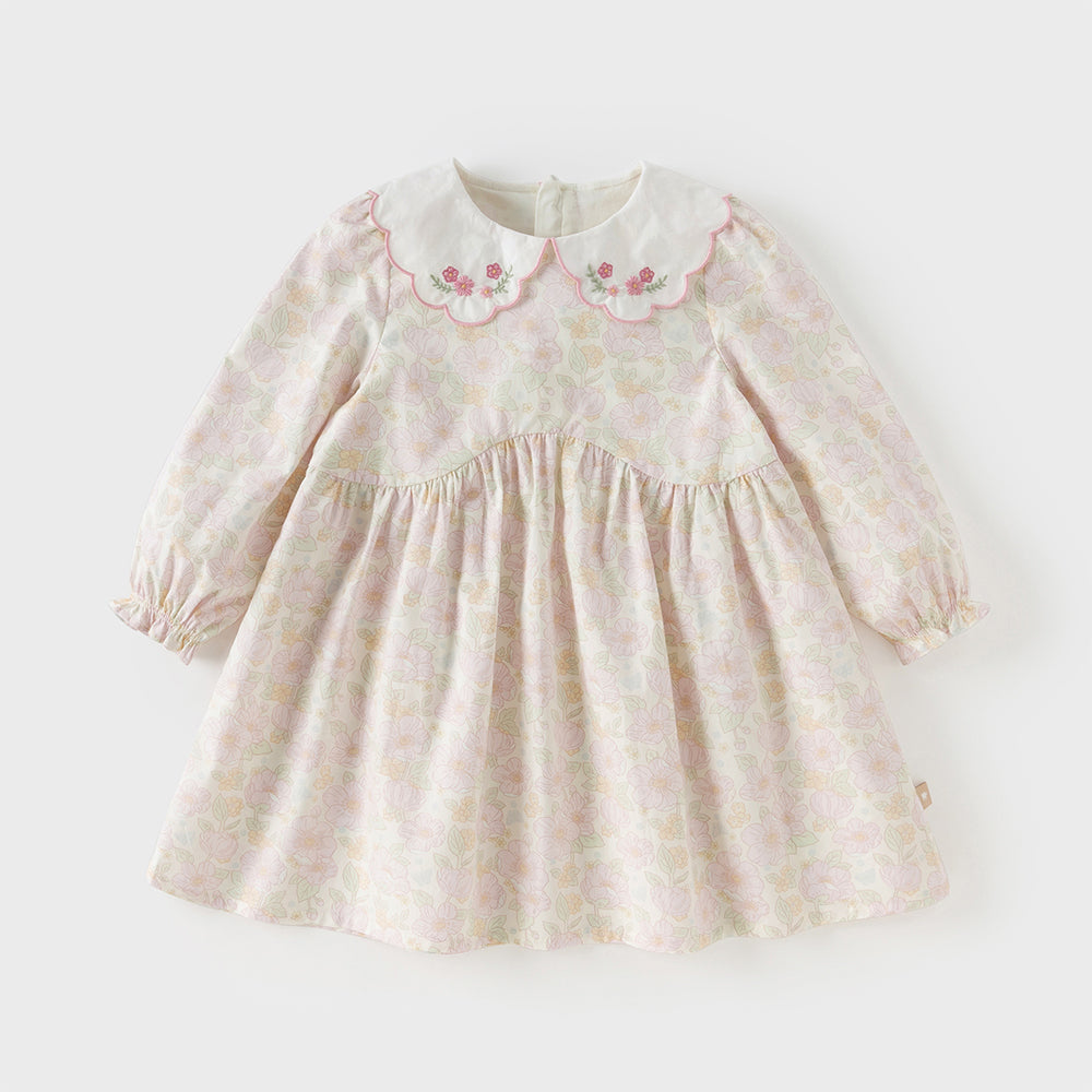 فستان بنات طويل الأكمام من القطن بطباعة زهرية بأسلوب يومي