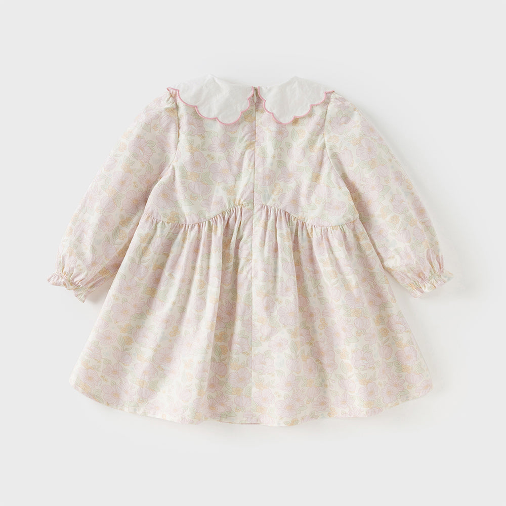 فستان بنات طويل الأكمام من القطن بطباعة زهرية بأسلوب يومي