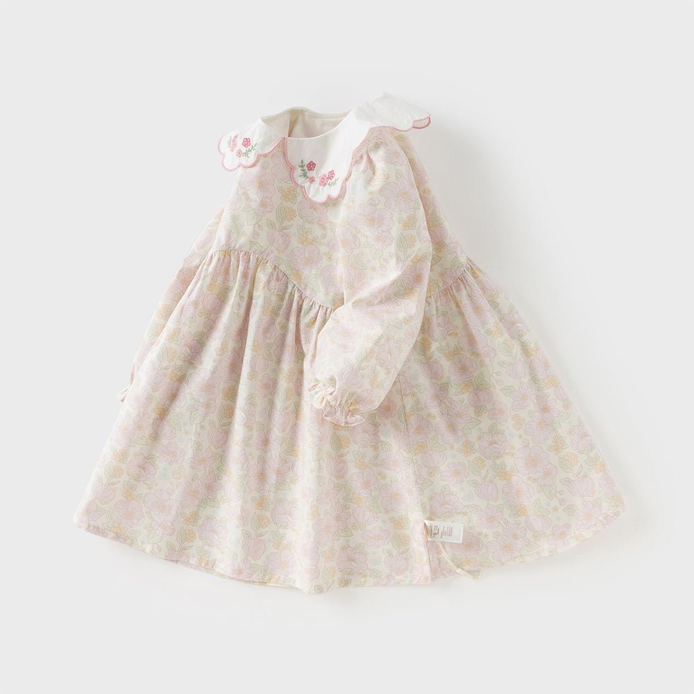 فستان بنات طويل الأكمام من القطن بطباعة زهرية بأسلوب يومي