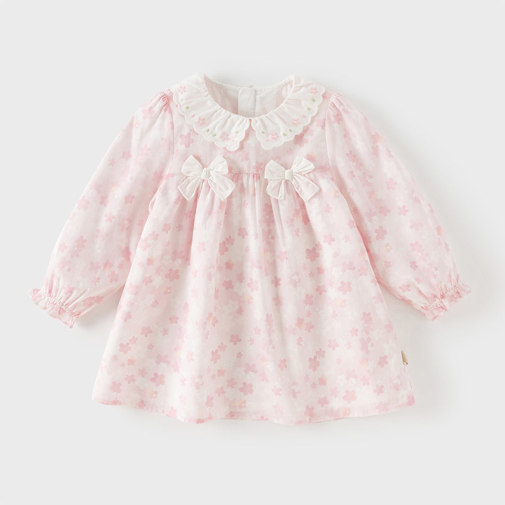 فستان بنات طباعة أزهار الكرز - فستان بأكمام طويلة وياقة مطرزة وتفاصيل شريطية