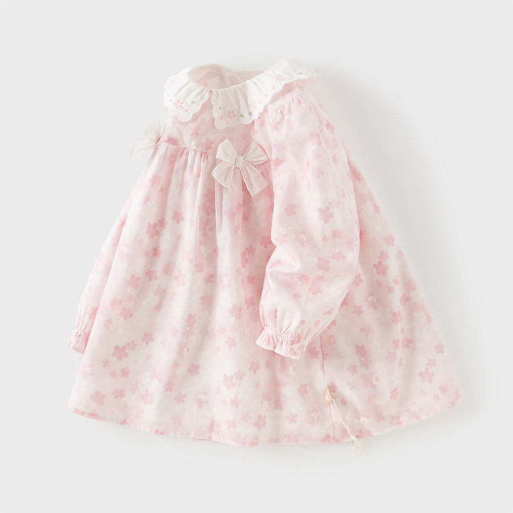 فستان بنات طباعة أزهار الكرز - فستان بأكمام طويلة وياقة مطرزة وتفاصيل شريطية