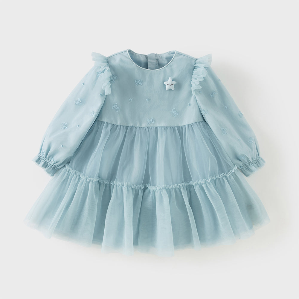 فستان بنات طويل الأكمام أزرق من التول، بتطريز دقيق وزخارف نجوم ثلاثية الأبعاد