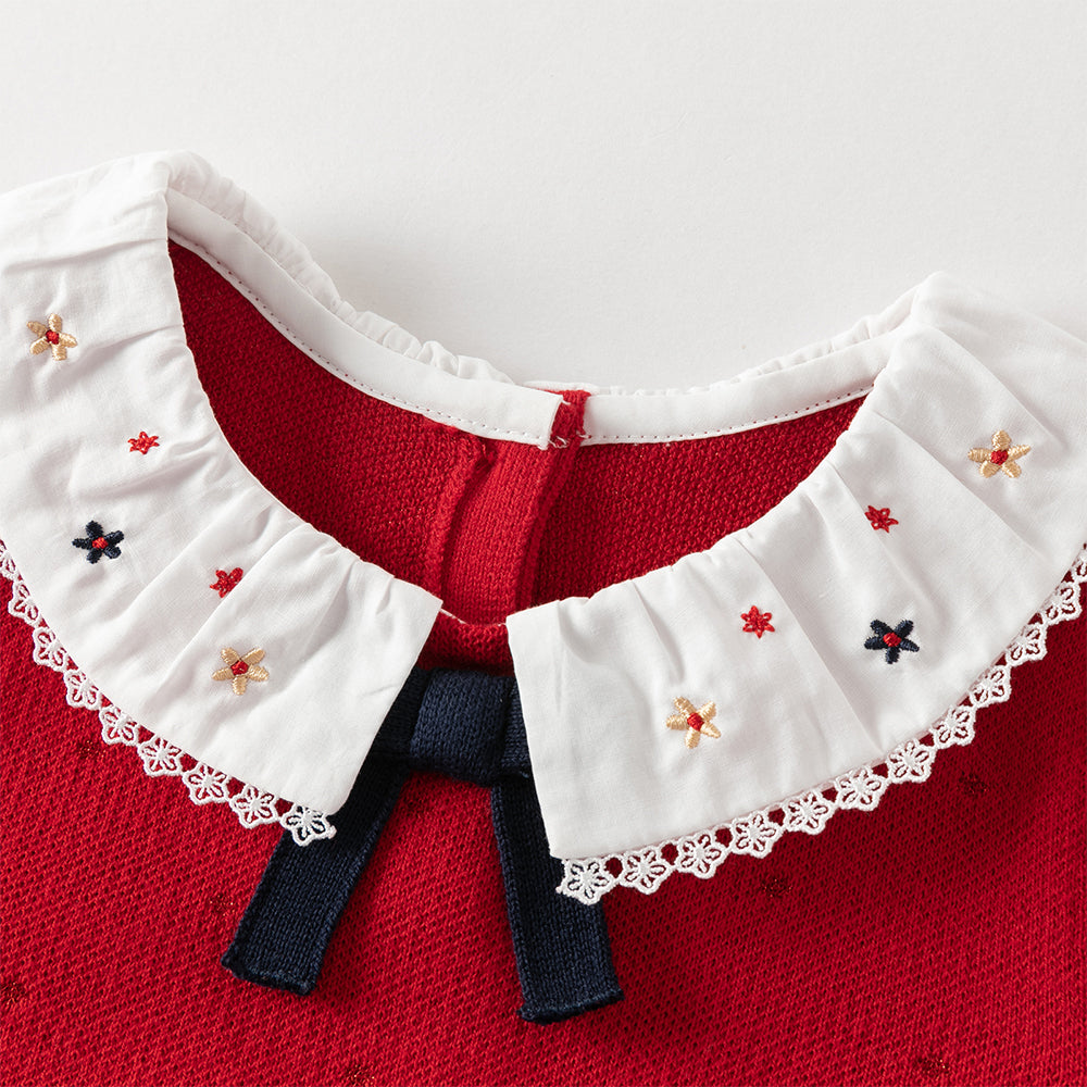 فستان بنات طويل الأكمام باللون الأحمر من قماش محبوك مع تنورة تول بأسلوب أميرة مزينة بتطريز زهور