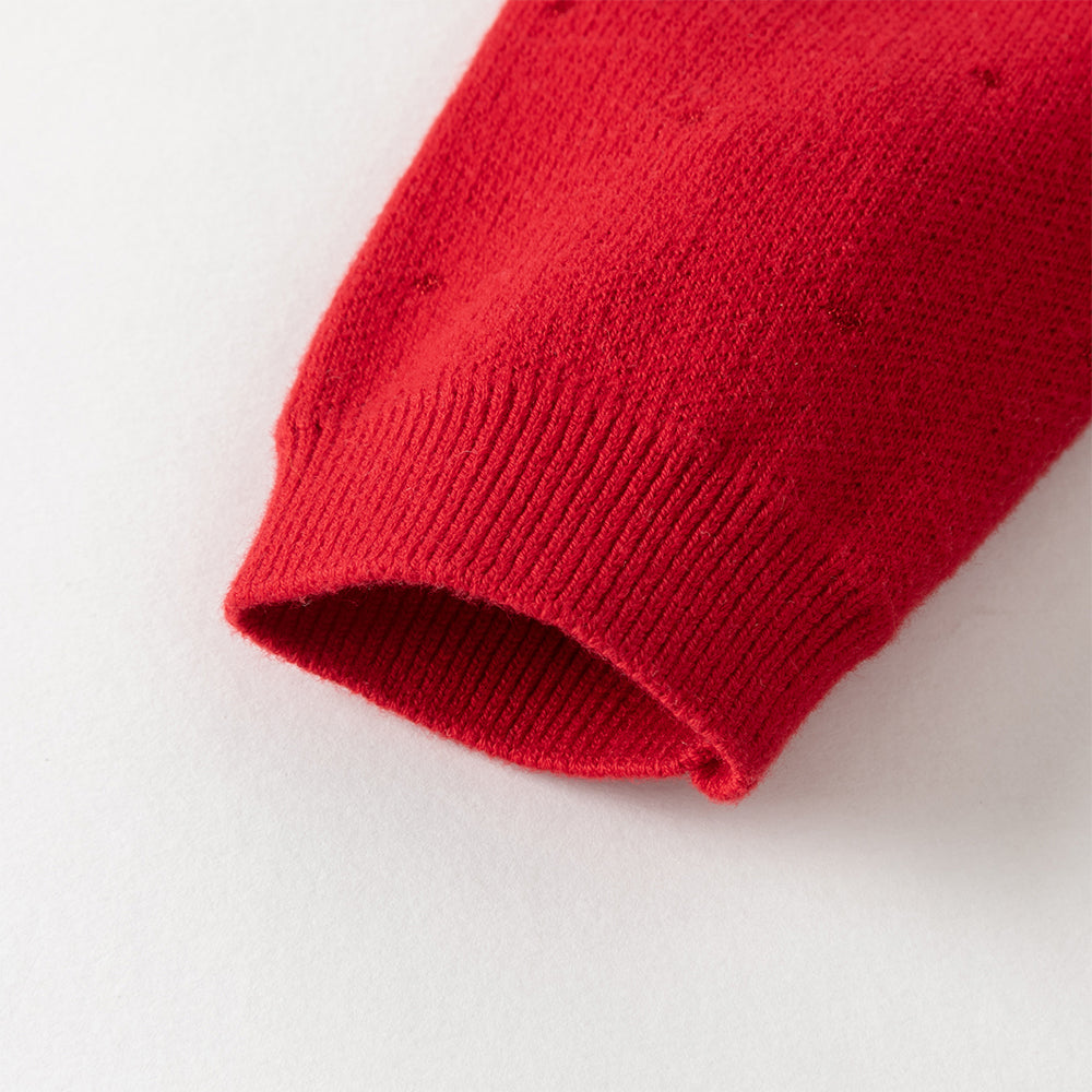 فستان بنات طويل الأكمام باللون الأحمر من قماش محبوك مع تنورة تول بأسلوب أميرة مزينة بتطريز زهور