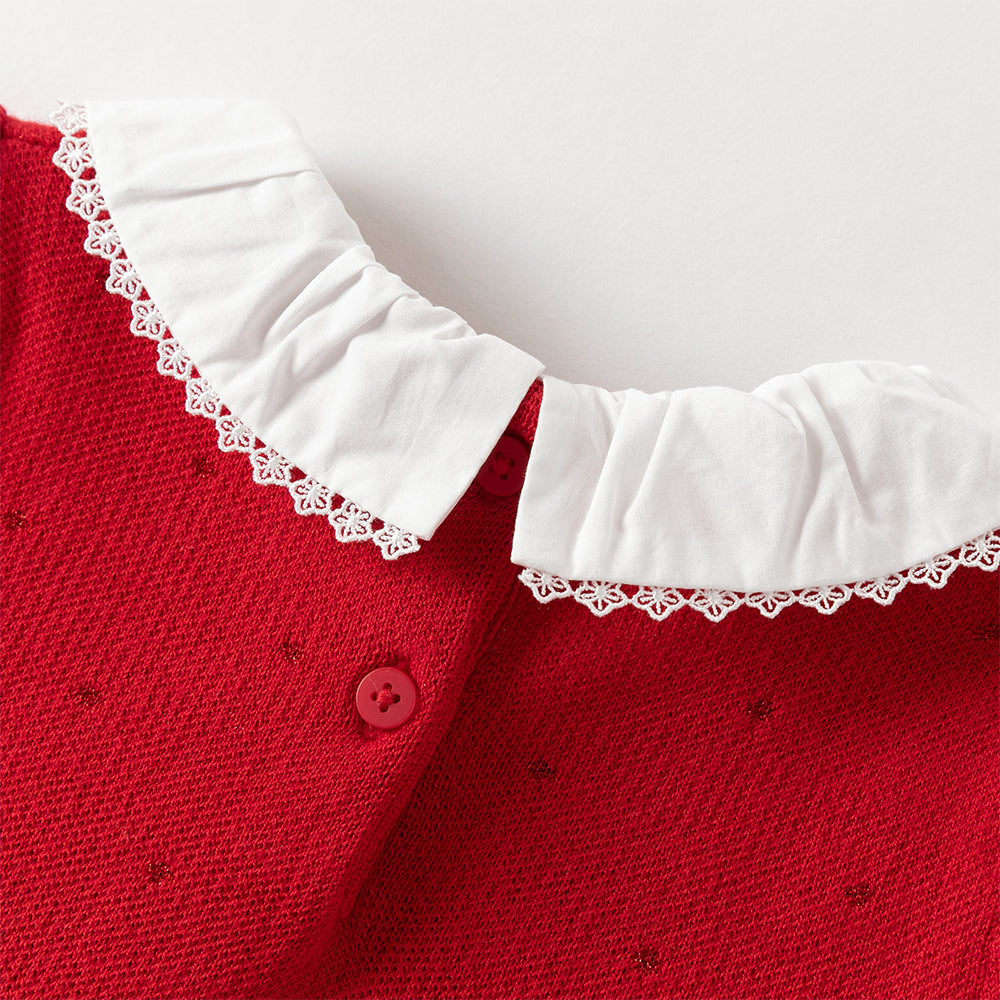 فستان بنات طويل الأكمام باللون الأحمر من قماش محبوك مع تنورة تول بأسلوب أميرة مزينة بتطريز زهور