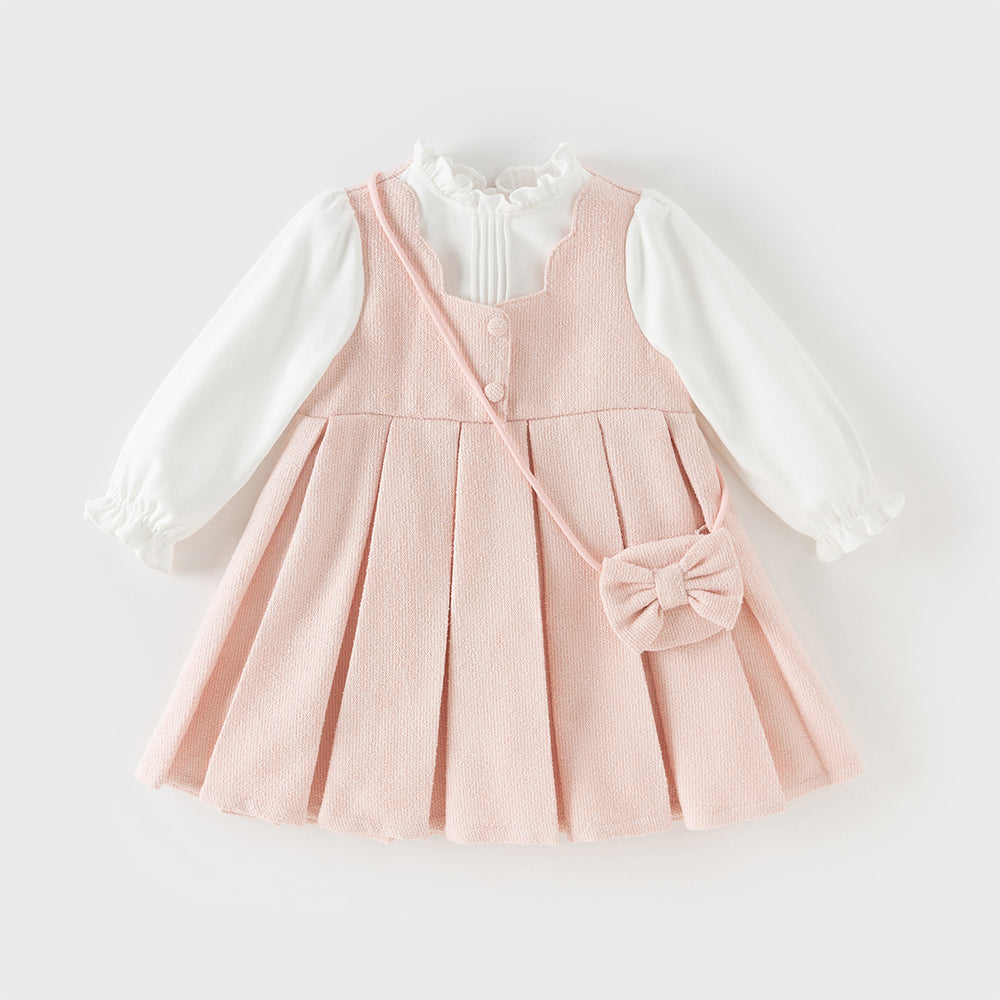 فستان بنات بأكمام طويلة باللون الوردي من قماش تويد كلاسيكي (يشمل حقيبة كروس)