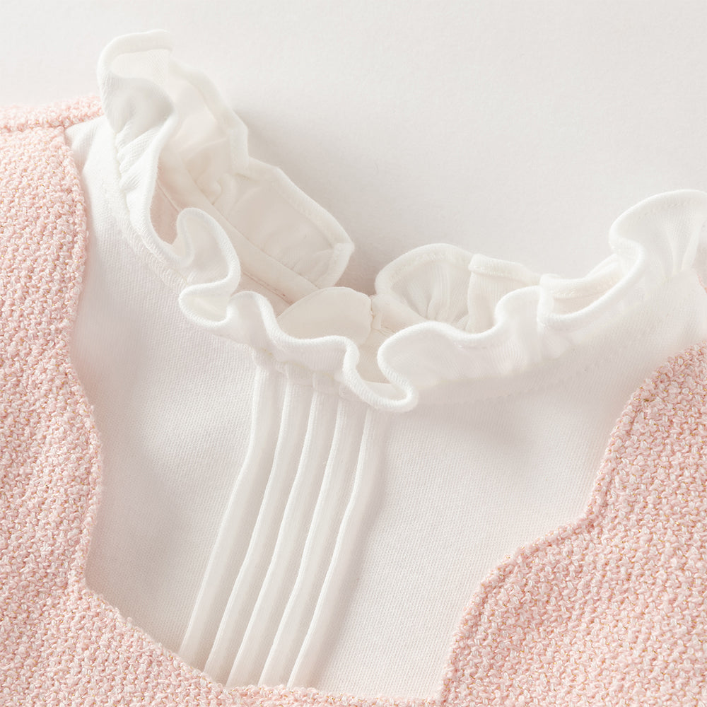 فستان بنات بأكمام طويلة باللون الوردي من قماش تويد كلاسيكي (يشمل حقيبة كروس)