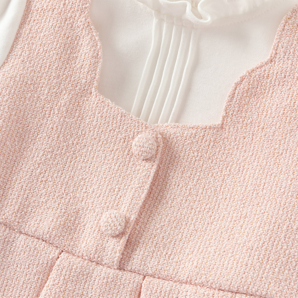 فستان بنات بأكمام طويلة باللون الوردي من قماش تويد كلاسيكي (يشمل حقيبة كروس)