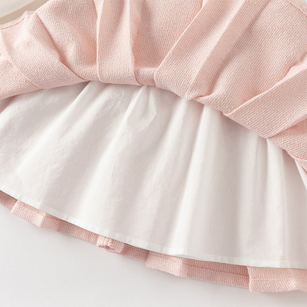 فستان بنات بأكمام طويلة باللون الوردي من قماش تويد كلاسيكي (يشمل حقيبة كروس)