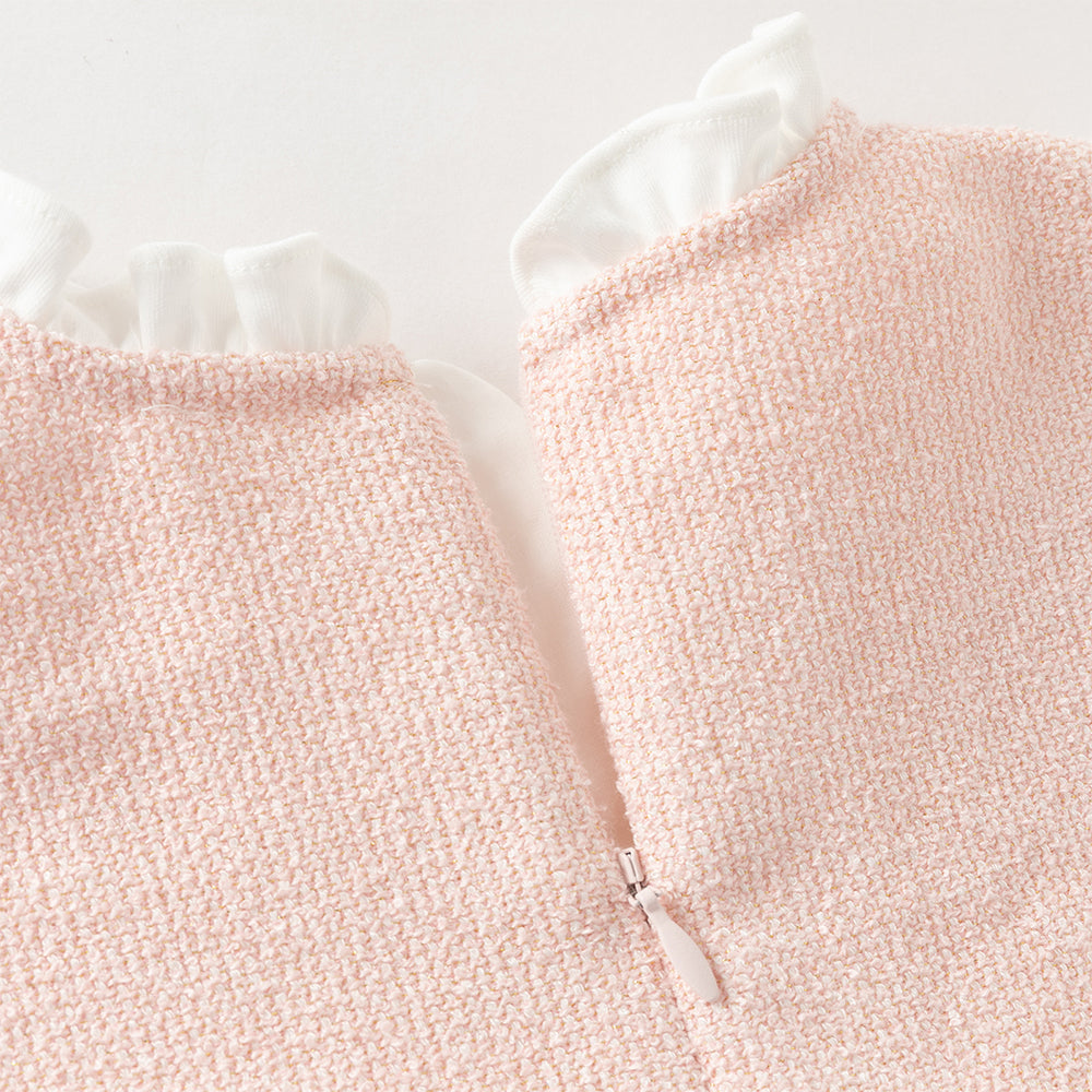 فستان بنات بأكمام طويلة باللون الوردي من قماش تويد كلاسيكي (يشمل حقيبة كروس)