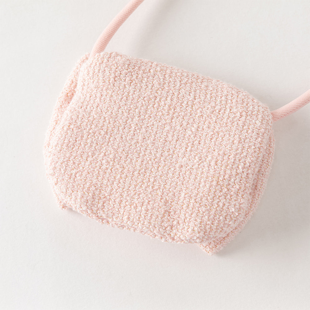 فستان بنات بأكمام طويلة باللون الوردي من قماش تويد كلاسيكي (يشمل حقيبة كروس)