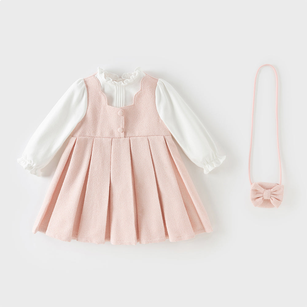 فستان بنات بأكمام طويلة باللون الوردي من قماش تويد كلاسيكي (يشمل حقيبة كروس)