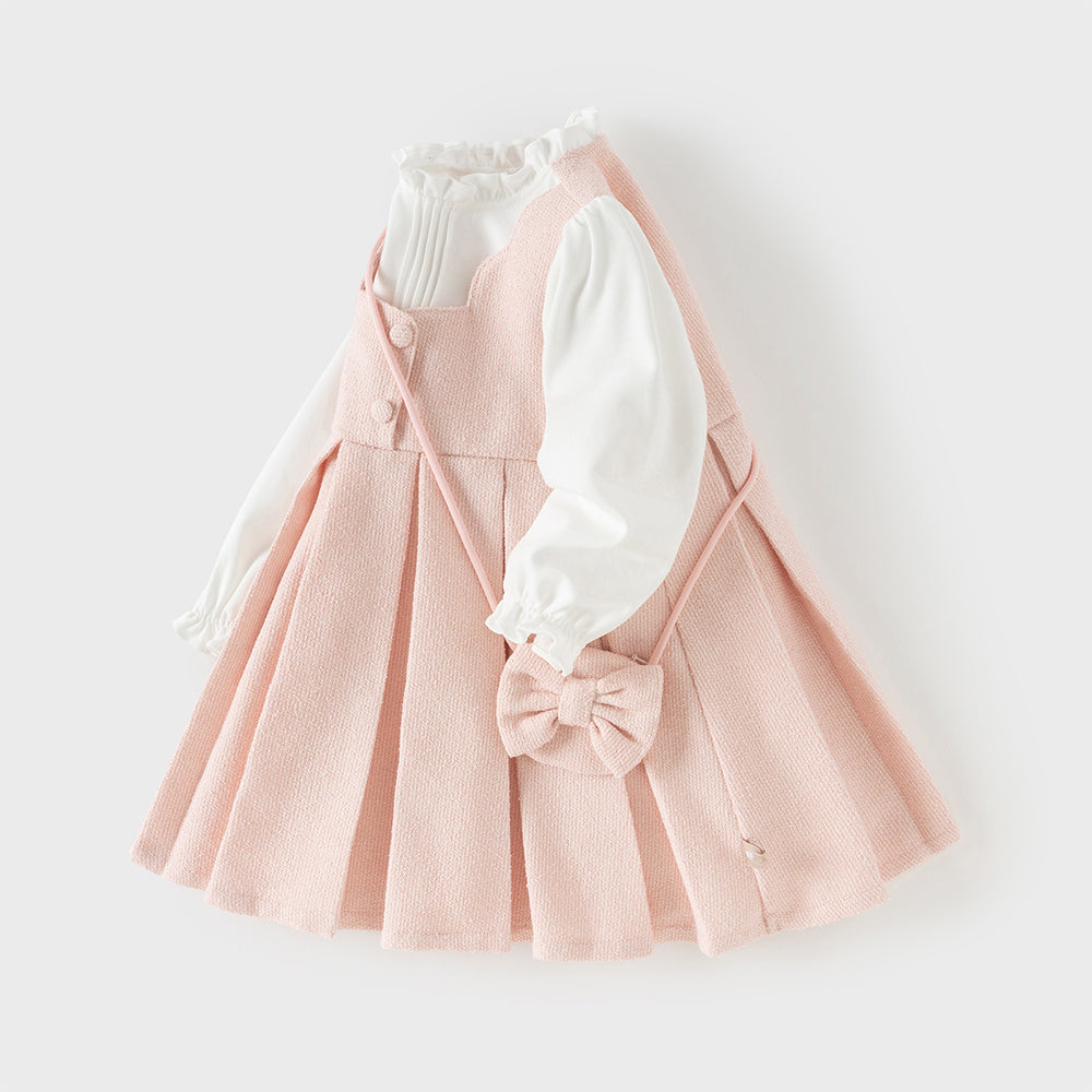 فستان بنات بأكمام طويلة باللون الوردي من قماش تويد كلاسيكي (يشمل حقيبة كروس)