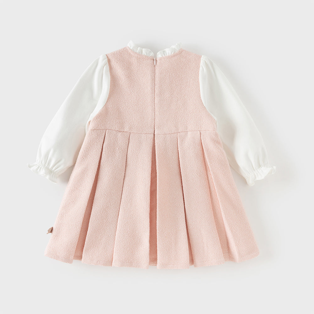 فستان بنات بأكمام طويلة باللون الوردي من قماش تويد كلاسيكي (يشمل حقيبة كروس)