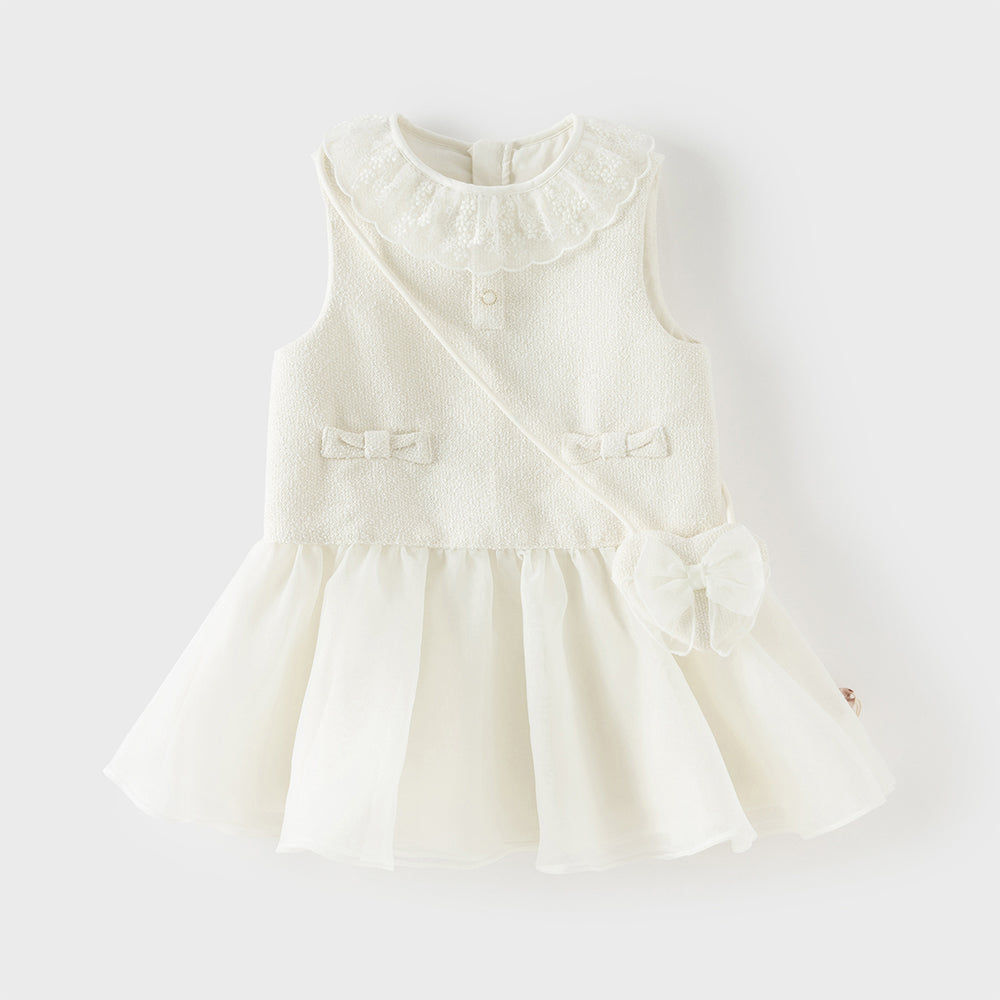 فستان بناتي بدون أكمام من قماش تويد، بتنورة تول بأسلوب أميرة(يشمل حقيبة كروس)