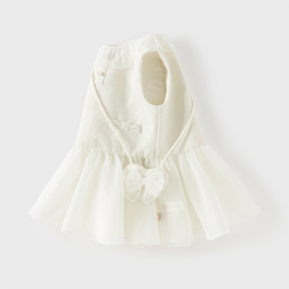 فستان بناتي بدون أكمام من قماش تويد، بتنورة تول بأسلوب أميرة(يشمل حقيبة كروس)