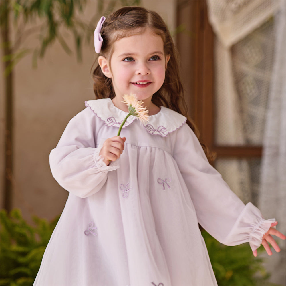 فستان تول بناتي باللون البنفسجي - فستان أميرة بتطريز رباط وياقة مكشكشة