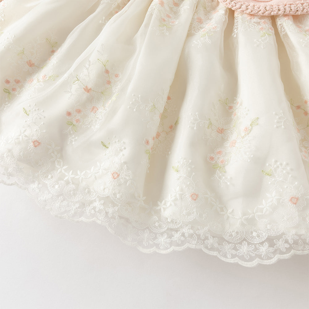 فستان بنات بأكمام طويلة باللون الوردي من قماش تويد مع تنورة تول بأسلوب أميرة