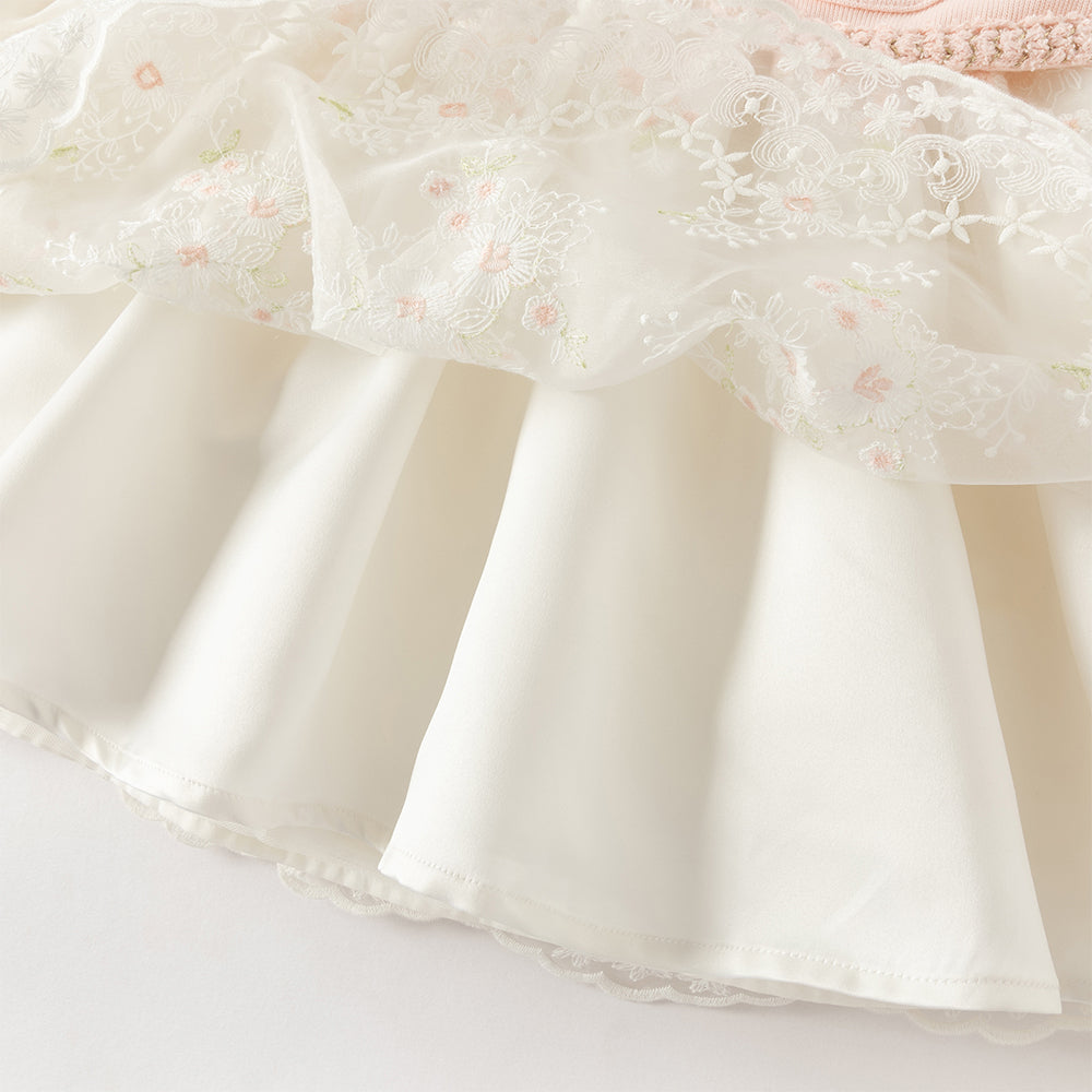 فستان بنات بأكمام طويلة باللون الوردي من قماش تويد مع تنورة تول بأسلوب أميرة