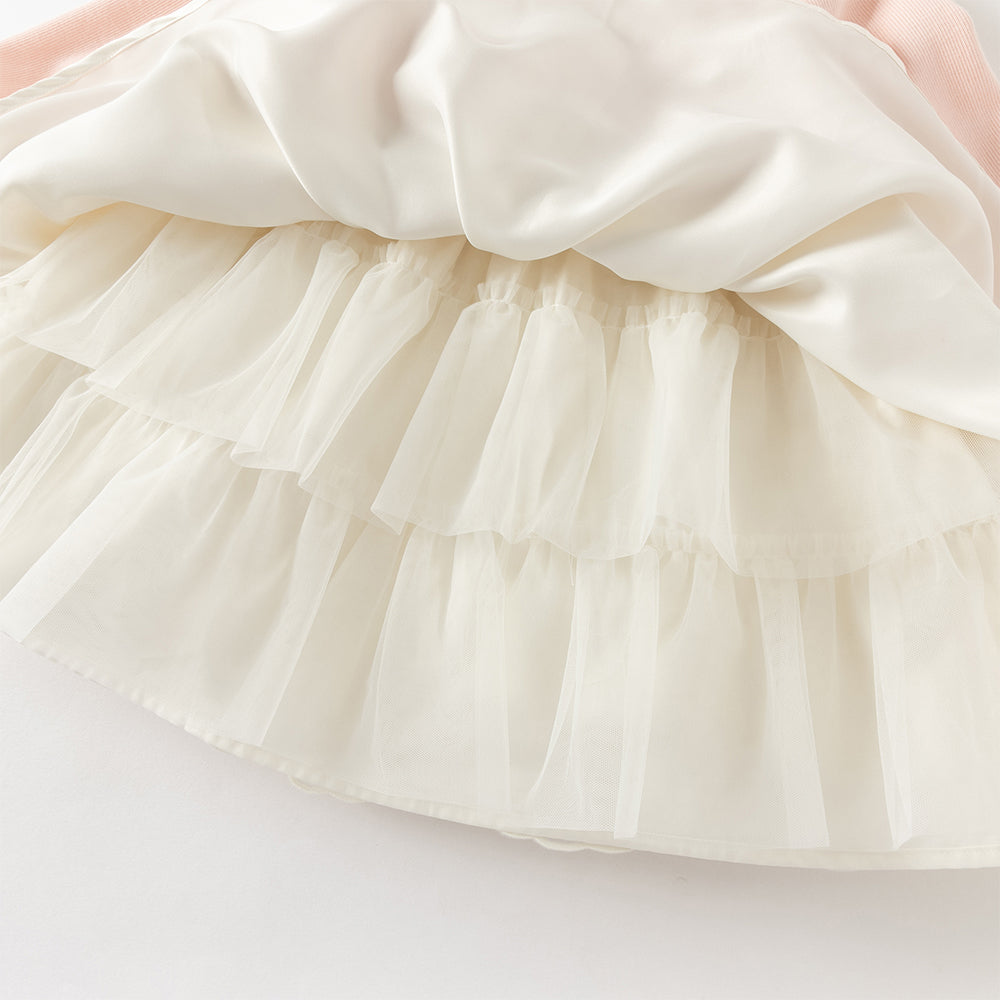 فستان بنات بأكمام طويلة باللون الوردي من قماش تويد مع تنورة تول بأسلوب أميرة