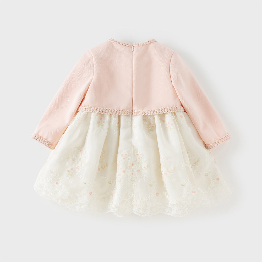 فستان بنات بأكمام طويلة باللون الوردي من قماش تويد مع تنورة تول بأسلوب أميرة