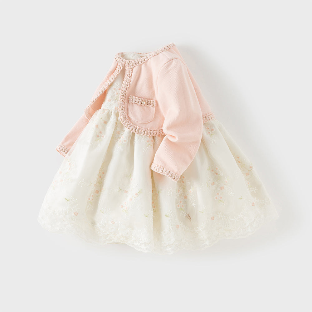 فستان بنات بأكمام طويلة باللون الوردي من قماش تويد مع تنورة تول بأسلوب أميرة