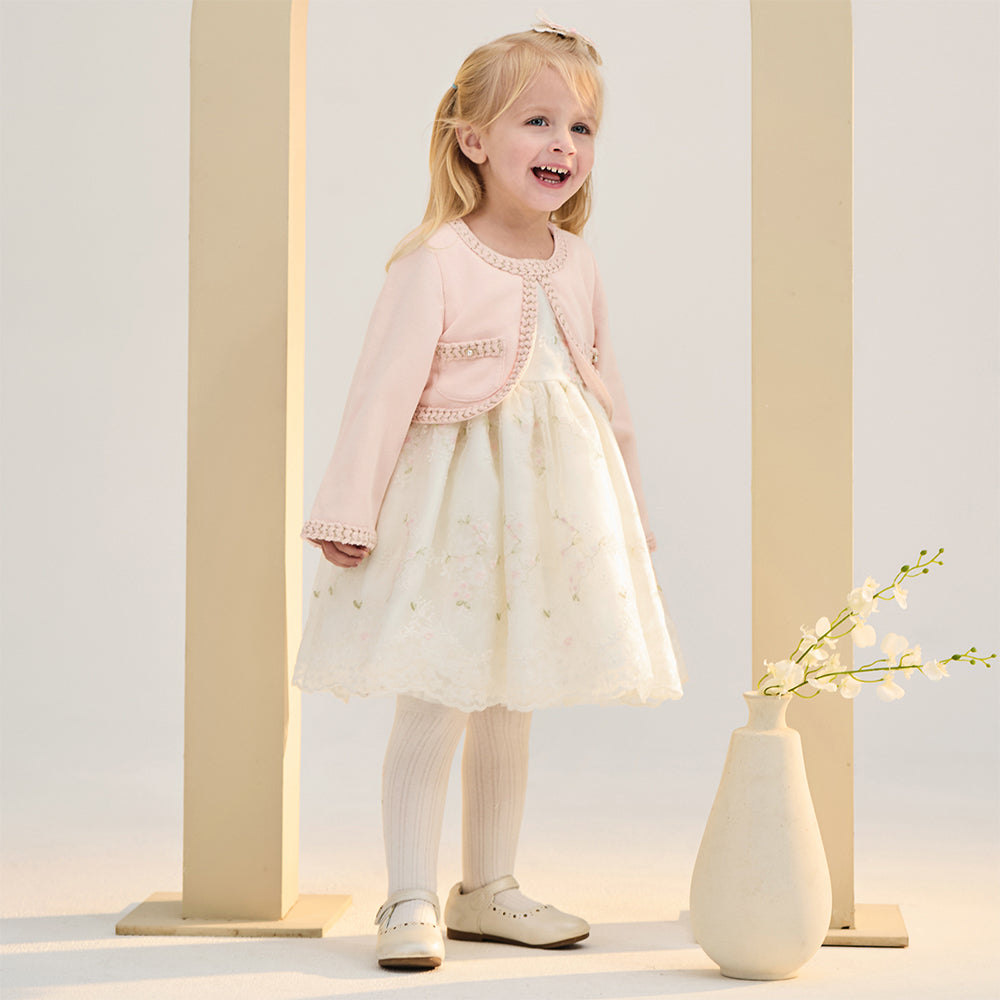 فستان بنات بأكمام طويلة باللون الوردي من قماش تويد مع تنورة تول بأسلوب أميرة