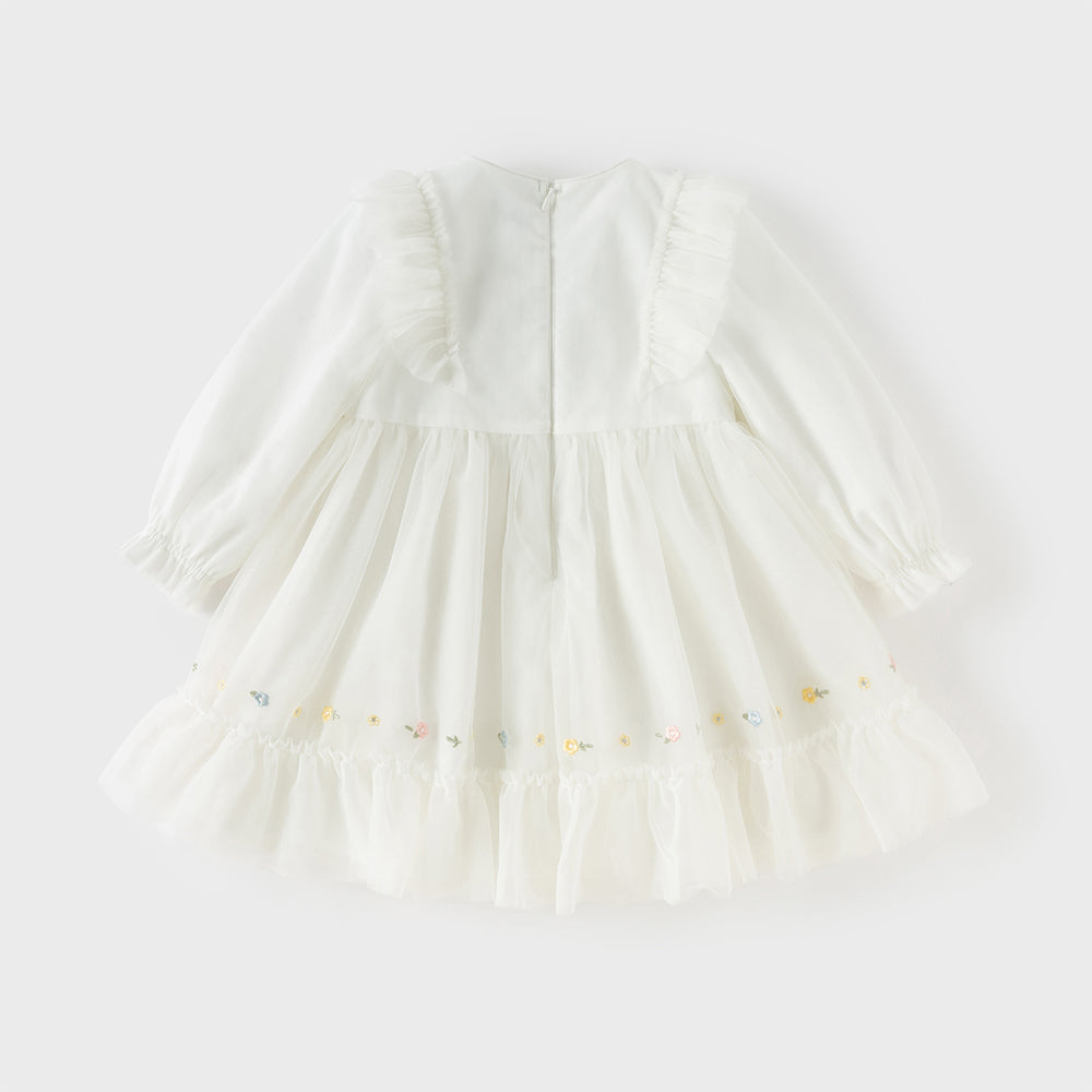 فستان بنات طويل الأكمام من التول باللون البيج مزين بتطريز الزهور، أسلوب أميرة