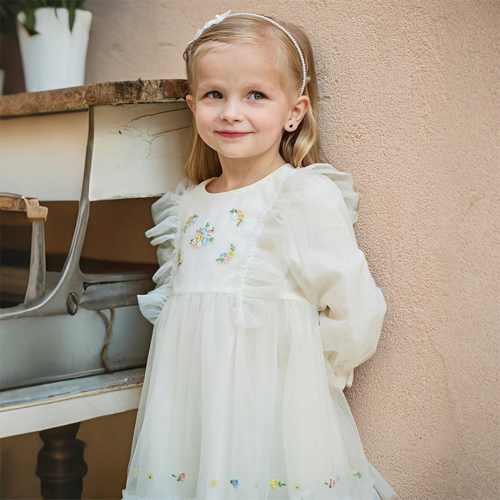 فستان بنات طويل الأكمام من التول باللون البيج مزين بتطريز الزهور، أسلوب أميرة