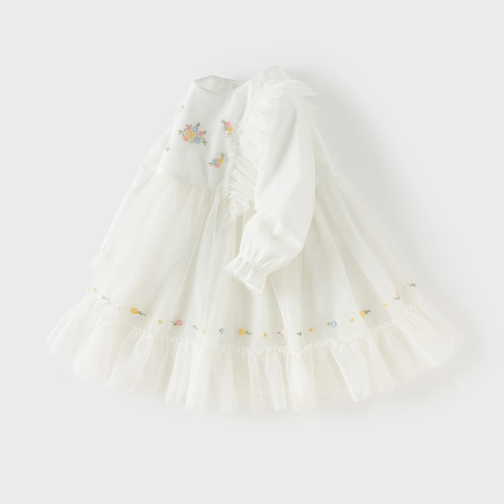 فستان بنات طويل الأكمام من التول باللون البيج مزين بتطريز الزهور، أسلوب أميرة