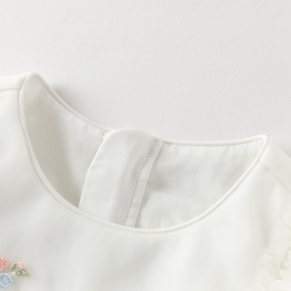 فستان بنات طويل الأكمام من التول باللون البيج مزين بتطريز الزهور، أسلوب أميرة