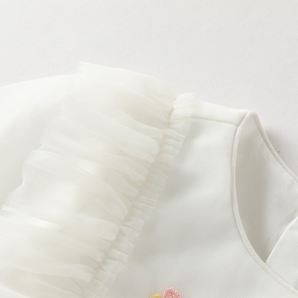 فستان بنات طويل الأكمام من التول باللون البيج مزين بتطريز الزهور، أسلوب أميرة