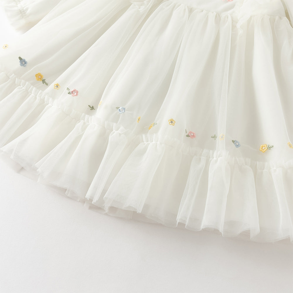 فستان بنات طويل الأكمام من التول باللون البيج مزين بتطريز الزهور، أسلوب أميرة