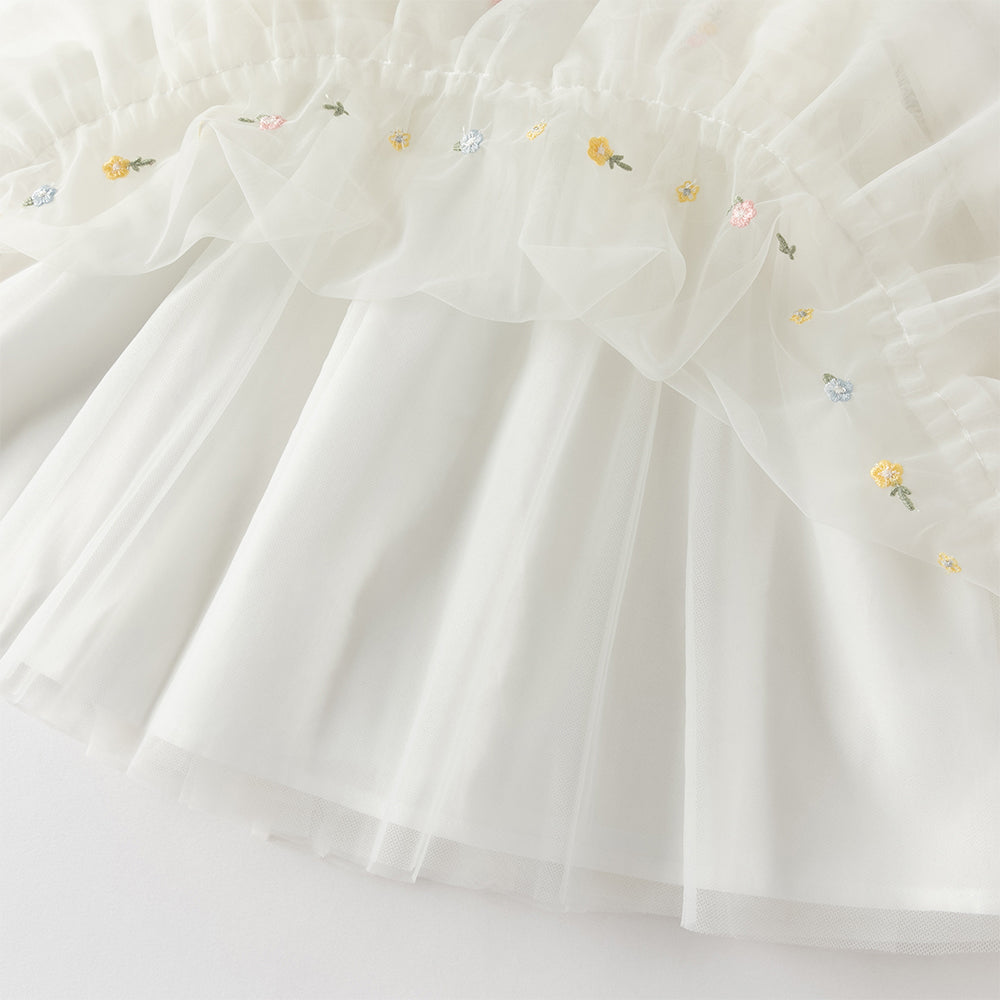 فستان بنات طويل الأكمام من التول باللون البيج مزين بتطريز الزهور، أسلوب أميرة