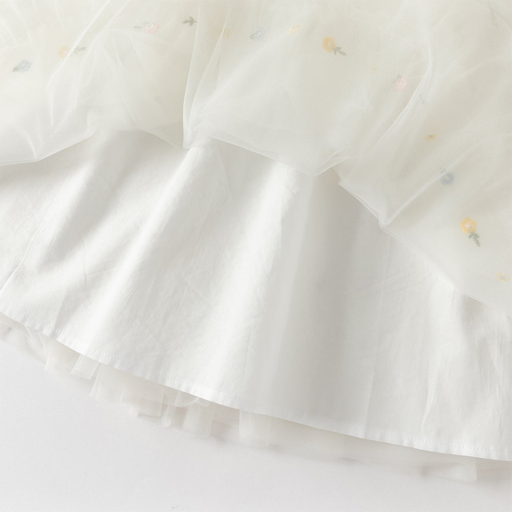 فستان بنات طويل الأكمام من التول باللون البيج مزين بتطريز الزهور، أسلوب أميرة