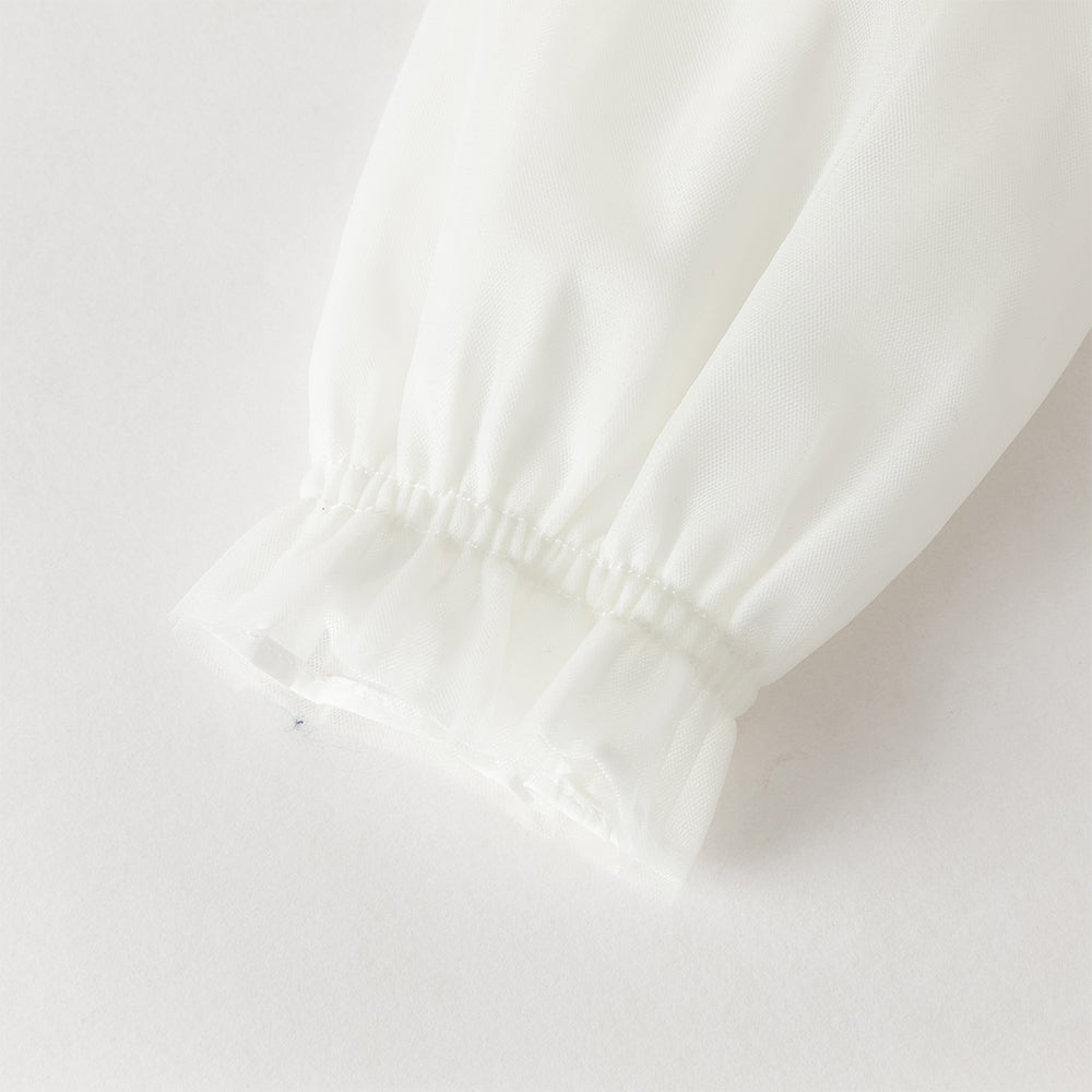 فستان بنات طويل الأكمام من التول باللون البيج مزين بتطريز الزهور، أسلوب أميرة