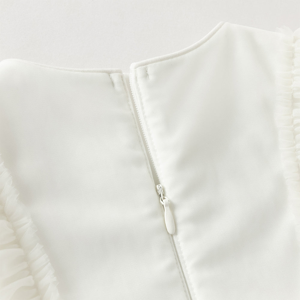 فستان بنات طويل الأكمام من التول باللون البيج مزين بتطريز الزهور، أسلوب أميرة