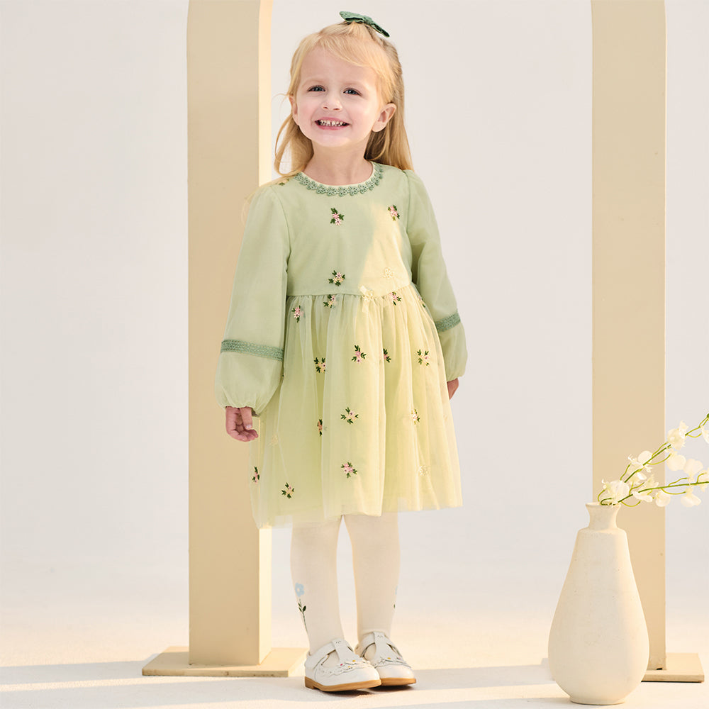 فستان أميرة بناتي من التول بأكمام طويلة باللون الأخضر بتصميم أنيق وتطريز راقٍ