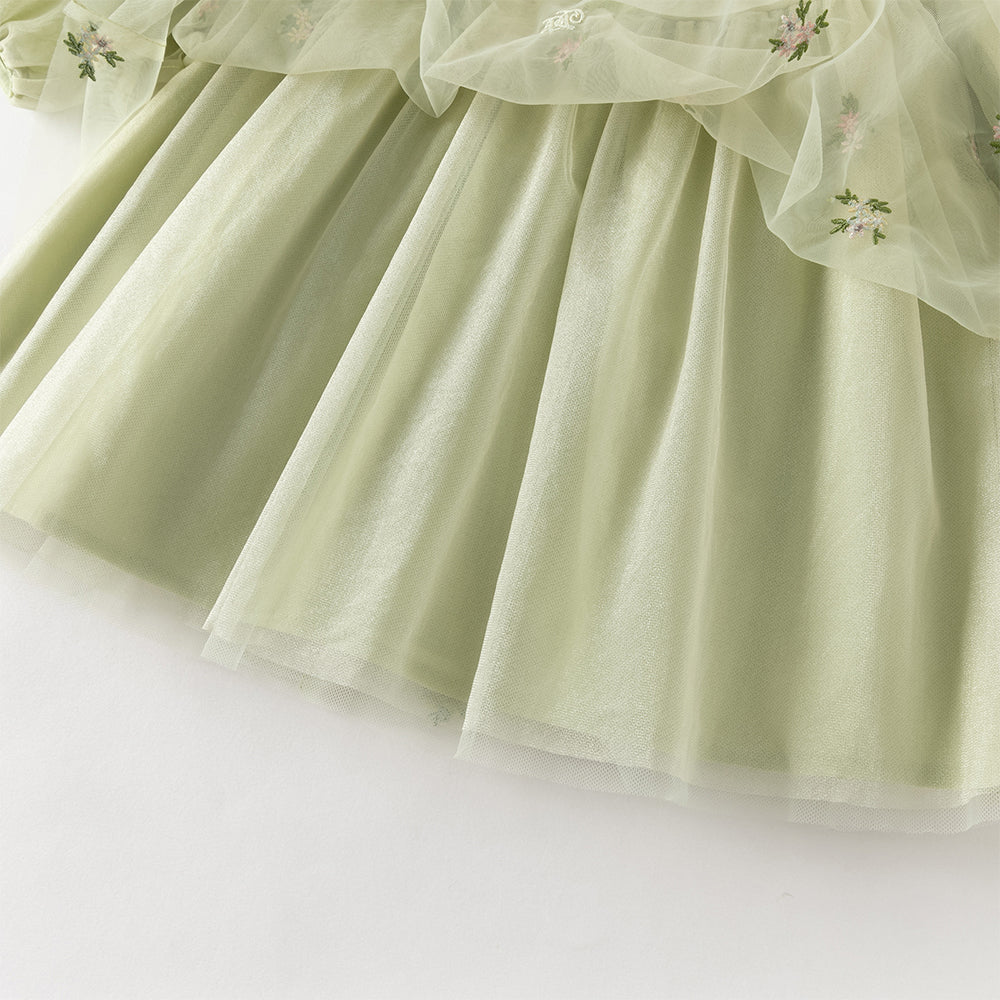 فستان أميرة بناتي من التول بأكمام طويلة باللون الأخضر بتصميم أنيق وتطريز راقٍ