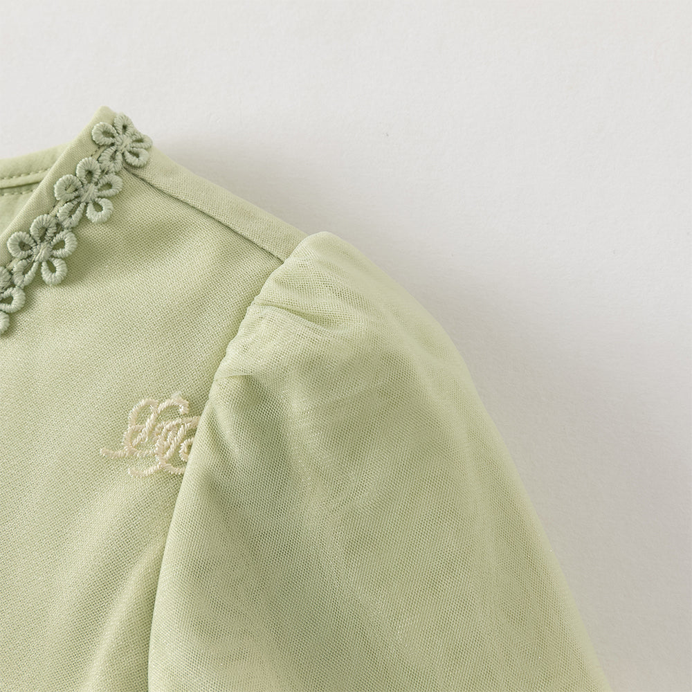 فستان أميرة بناتي من التول بأكمام طويلة باللون الأخضر بتصميم أنيق وتطريز راقٍ