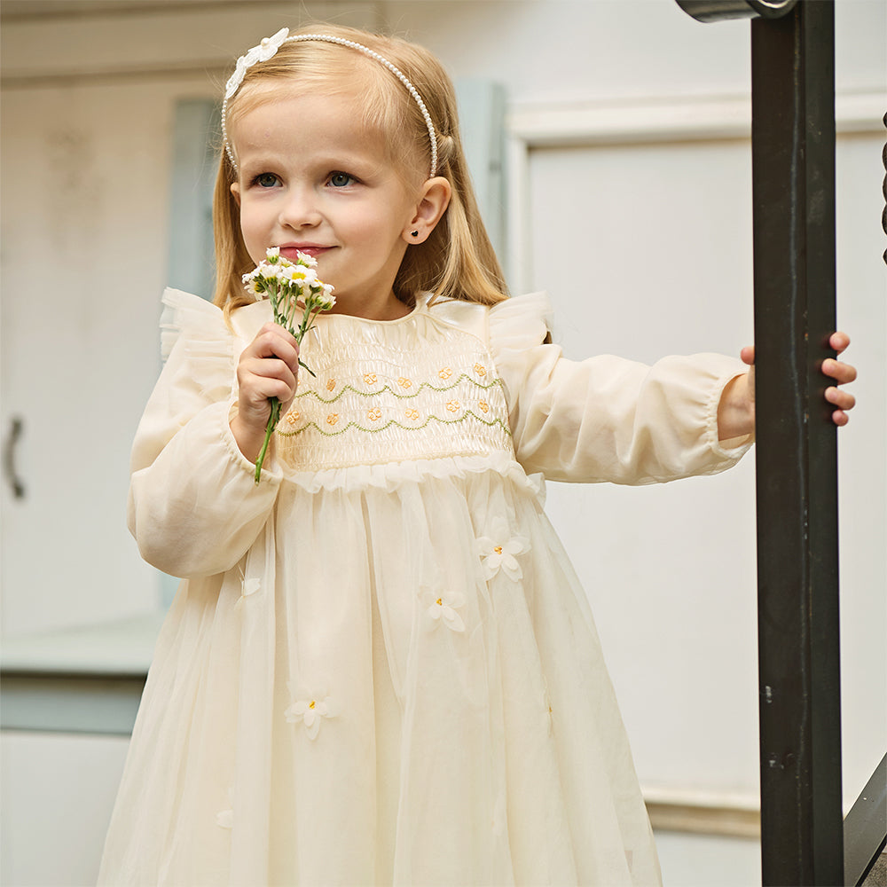 فستان تول مزهر بالطرز اليدوي أصفر لفتيات الأطفال الصغار