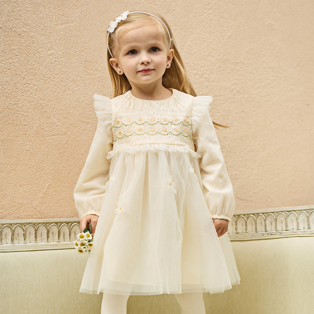 فستان تول مزهر بالطرز اليدوي أصفر لفتيات الأطفال الصغار