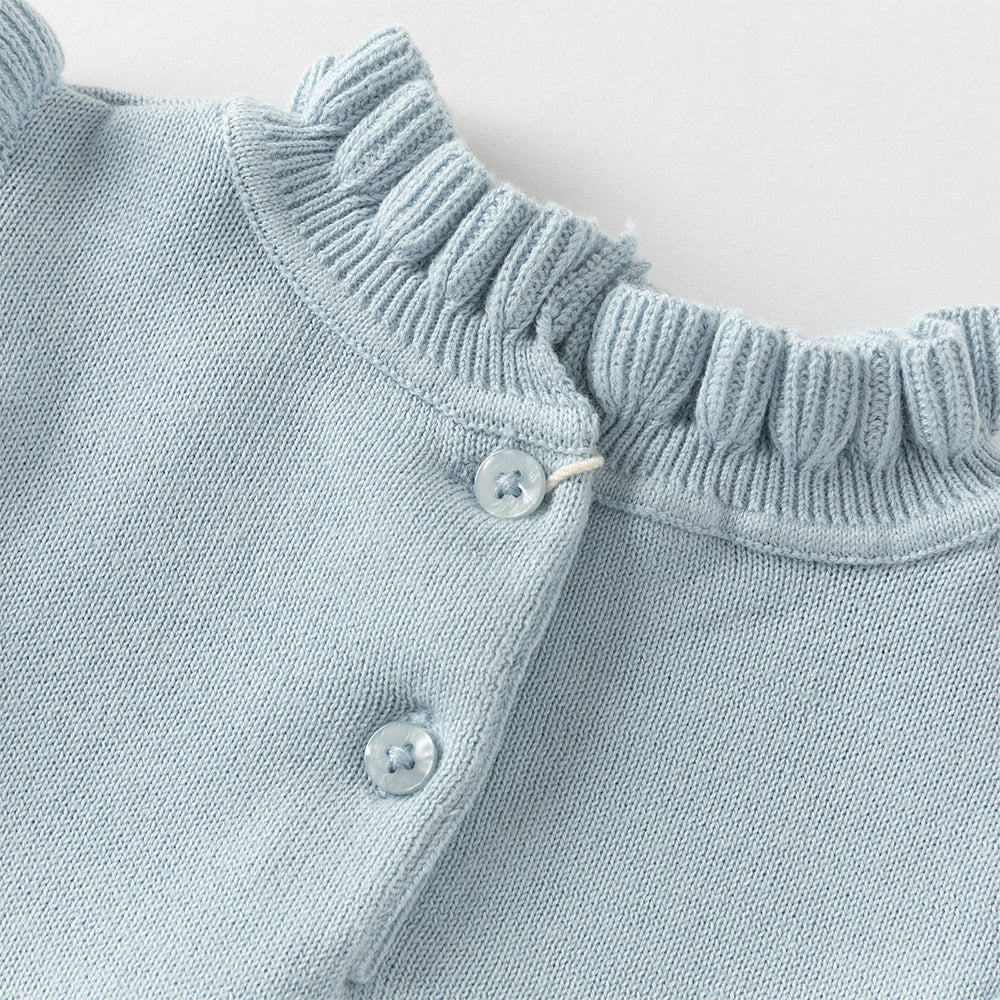 فستان بناتي طويل الأكمام بلون أزرق فاتح من قماش محبوك، بتنورة تول بأسلوب أميرة مزينة بزنبق الوادي