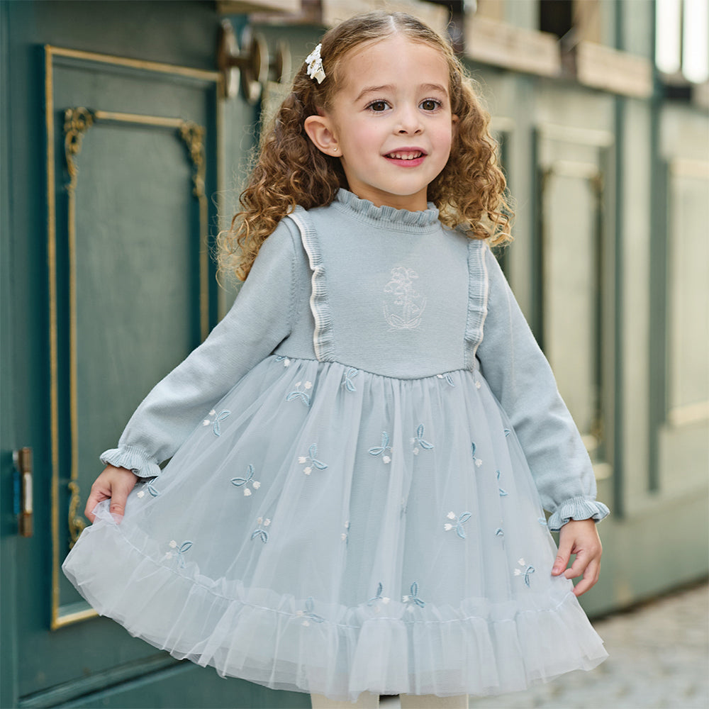 فستان بناتي طويل الأكمام بلون أزرق فاتح من قماش محبوك، بتنورة تول بأسلوب أميرة مزينة بزنبق الوادي