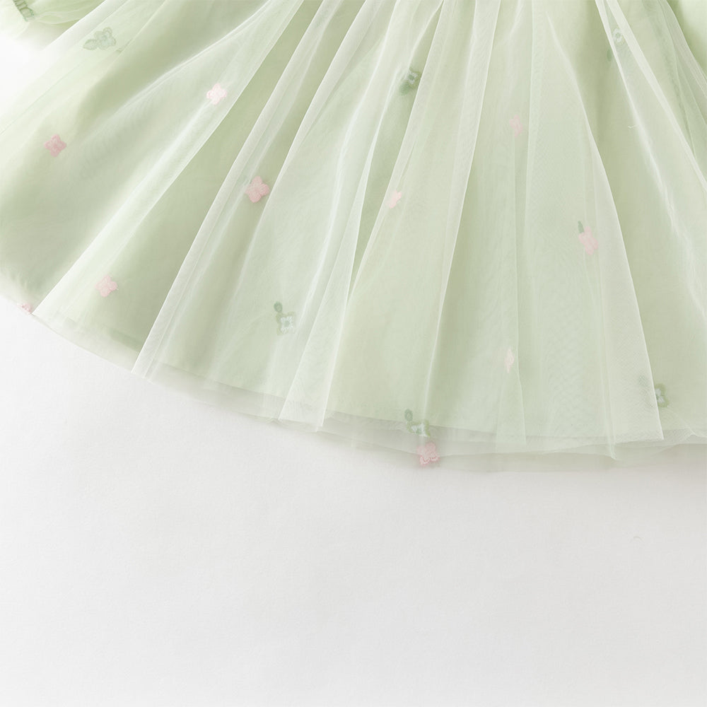 فستان بنات طويل الأكمام باللون الأخضر العشبي من التول بأسلوب أميرة