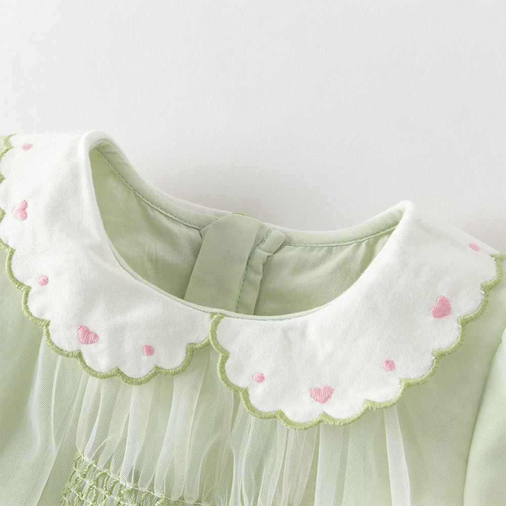 فستان بنات طويل الأكمام باللون الأخضر العشبي من التول بأسلوب أميرة