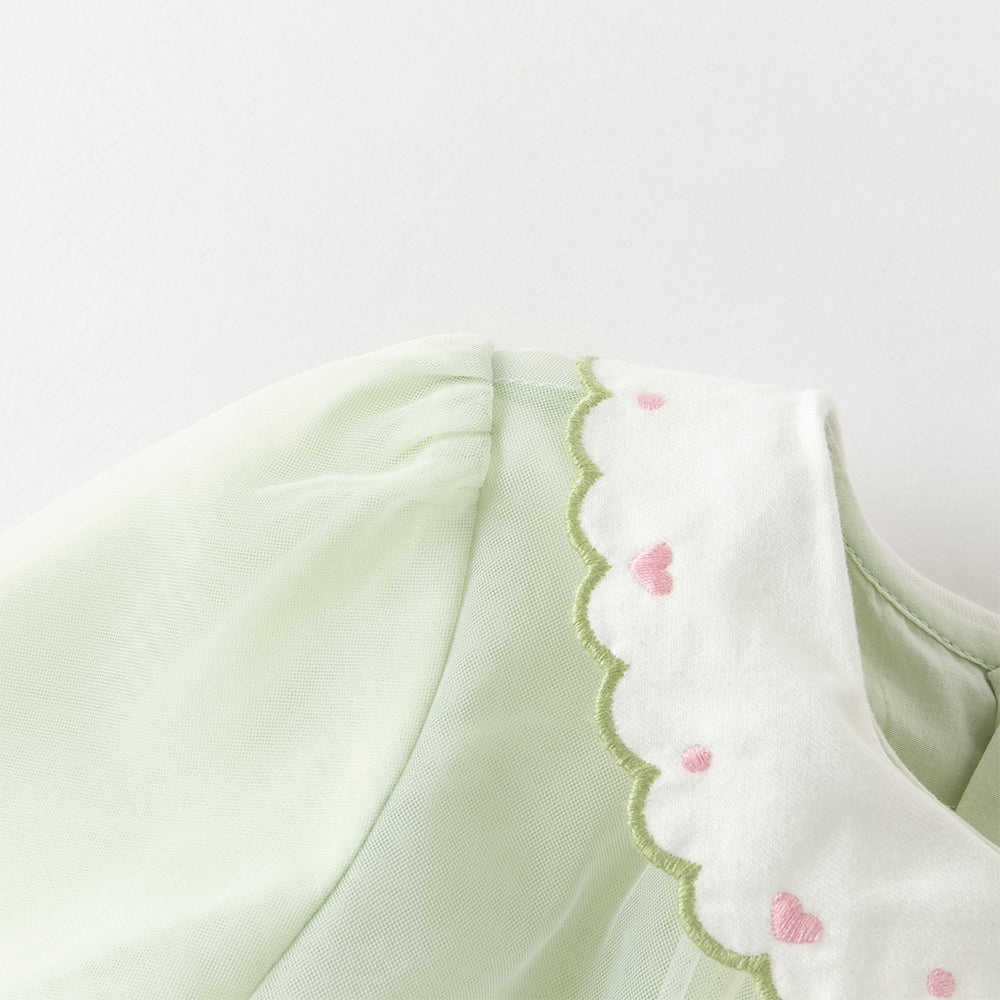 فستان بنات طويل الأكمام باللون الأخضر العشبي من التول بأسلوب أميرة