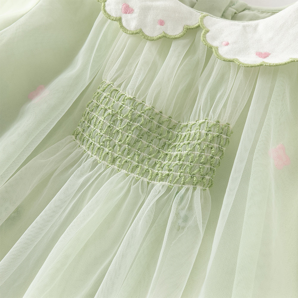 فستان بنات طويل الأكمام باللون الأخضر العشبي من التول بأسلوب أميرة