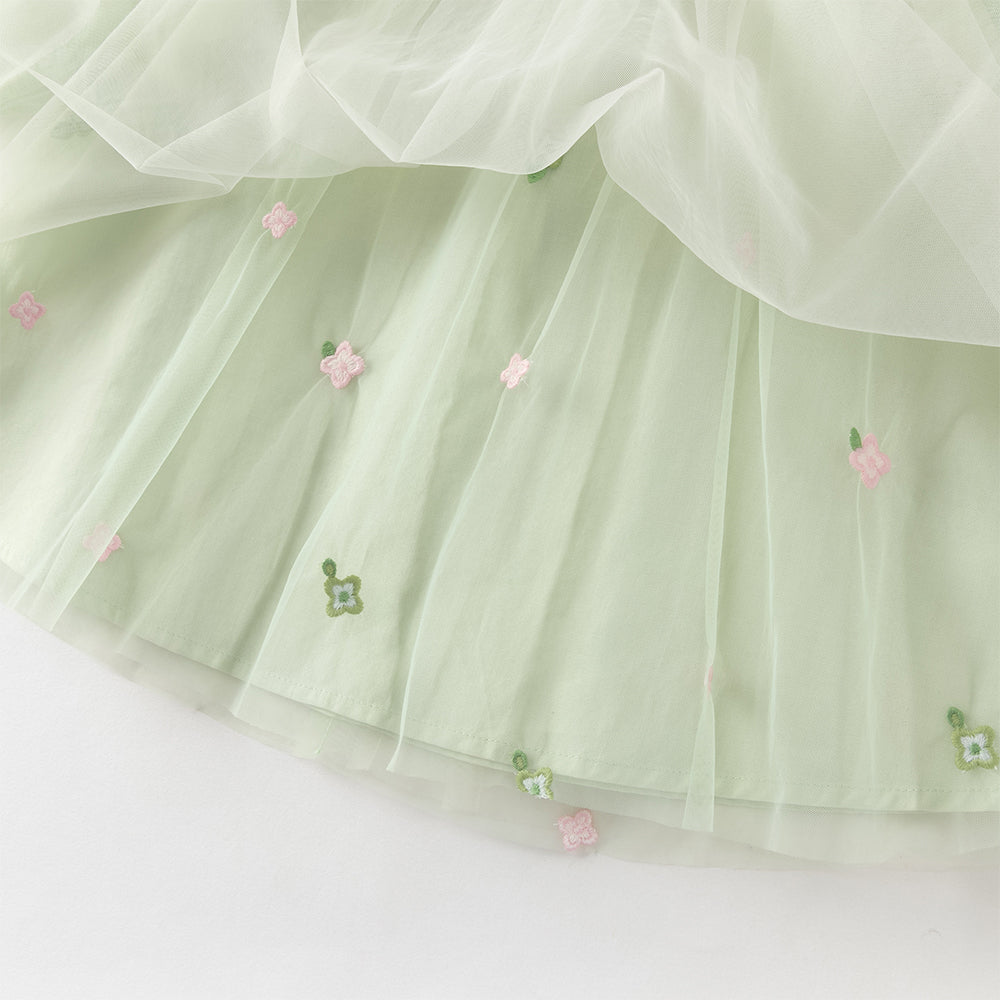 فستان بنات طويل الأكمام باللون الأخضر العشبي من التول بأسلوب أميرة