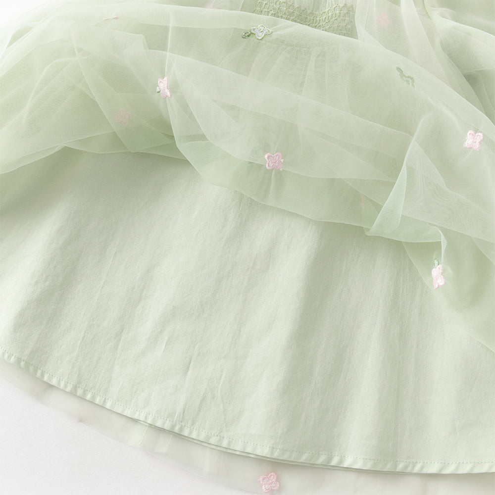 فستان بنات طويل الأكمام باللون الأخضر العشبي من التول بأسلوب أميرة